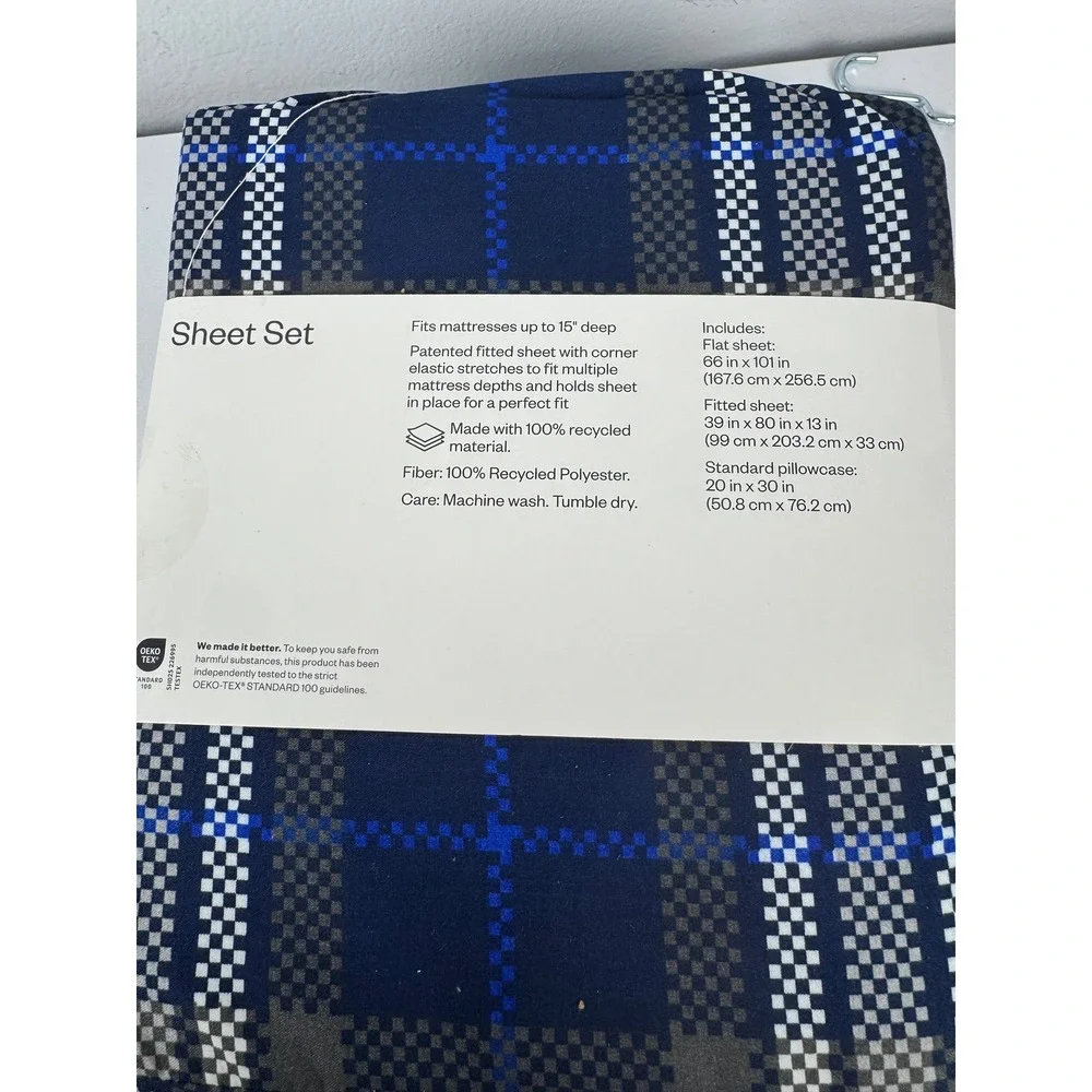 Room Essentials Twin XL Sheet Set Navy Blue Gray Plaid Microfiber 3 Piece NEW